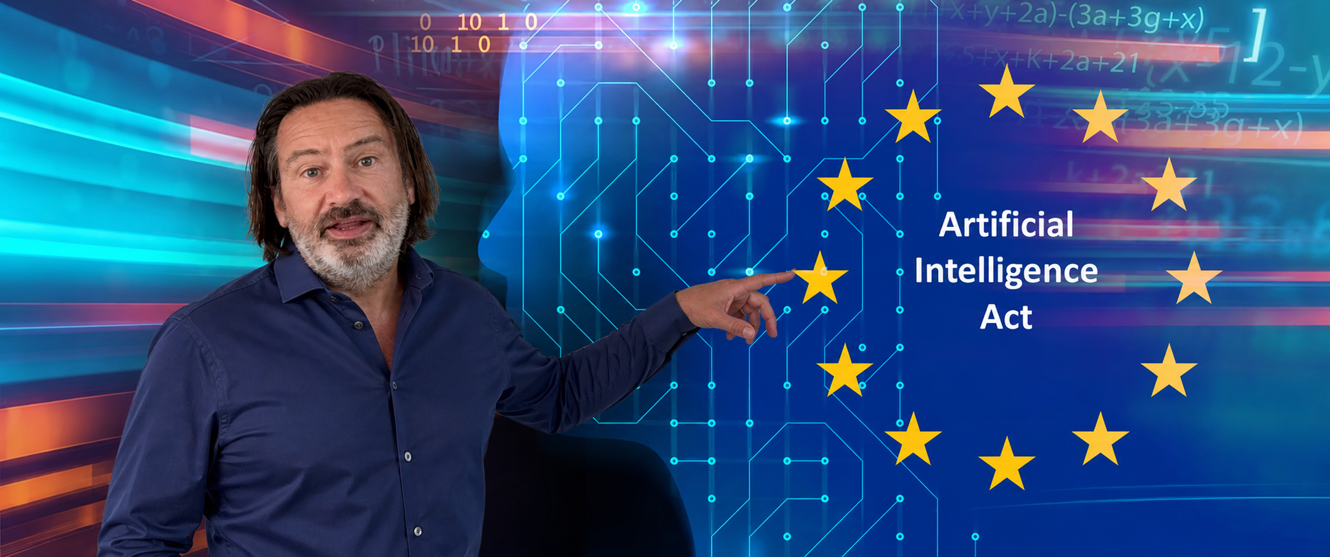 Roger Pieke wijst naar de EU-sterren bij de tekst Artificial Intelligence Act