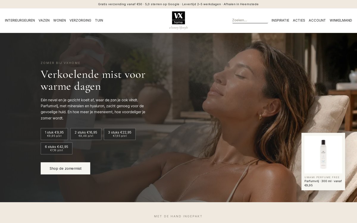 Homepage van de webshop vxhome.nl