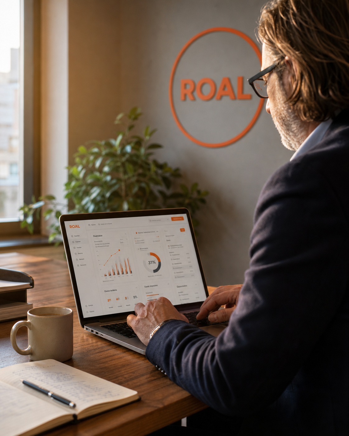Mkb-ondernemer aan een bureau, werkend op een laptop met een Roal-dashboard, in een licht kantoor met het ROAL-logo op de muur
