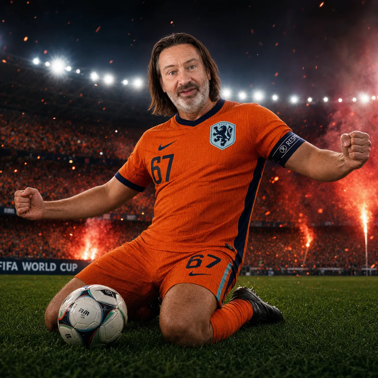Roger Pieke in een Oranje voetbaltenue, juichend op zijn knieen in een vol stadion, rugnummer 67. Een met AI gemaakte knipoog.